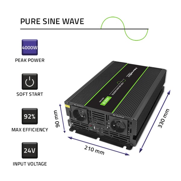 Qoltec Monolith spänningsomvandlare 2000W 4000W 24V till 230V ren sinus