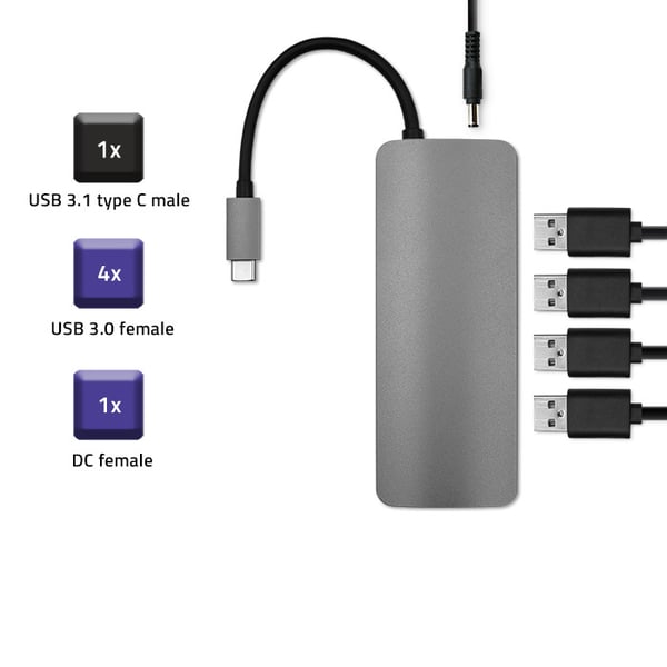 Qoltec Hub-adapter USB-C 3.1 5-i-1 med 4x USB 3.0 och DC