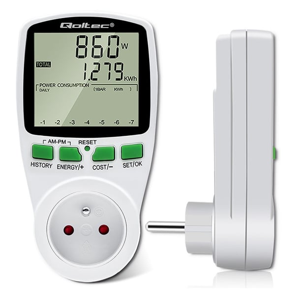 Qoltec Wattmeter Energiforbrugsmåler PM0627 med målhistorik 3680W 16A LCD