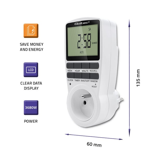 Qoltec elektronisk timer PC0628 3680W 16A LCD display