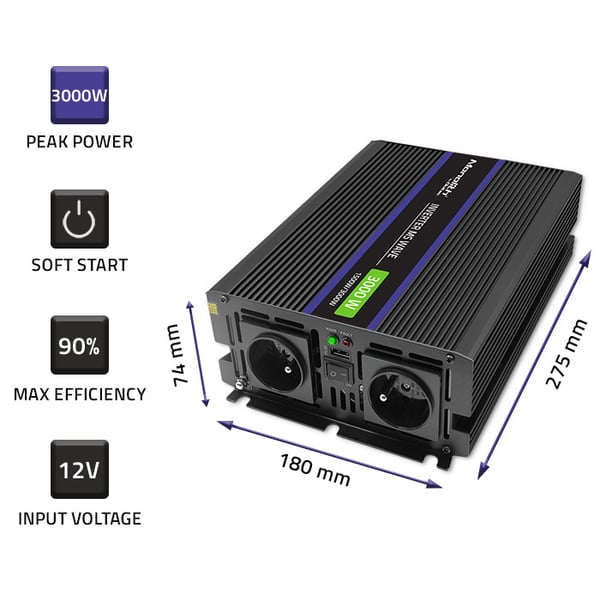Qoltec Monolith 3000 MS Wave -jännitemuunnin | 12 V - 230 V | 1500/3000 W | USB