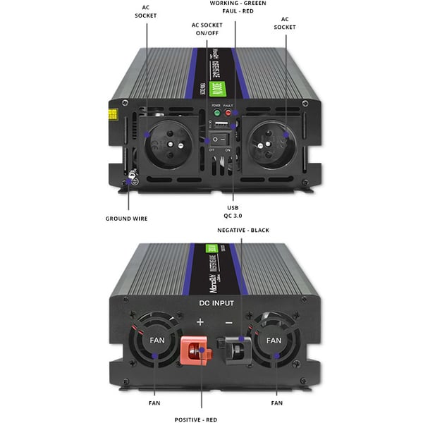 Qoltec Monolith 3000 MS Wave -jännitemuunnin | 12 V - 230 V | 1500/3000 W | USB