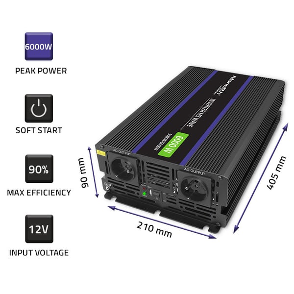 Qoltec Monolith 6000 MS Wave -jännitemuunnin | 12 V - 230 V | 3000/6000 W | USB