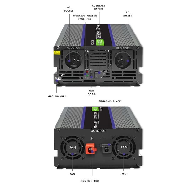 Qoltec Monolith 6000 MS Wave -jännitemuunnin | 12 V - 230 V | 3000/6000 W | USB