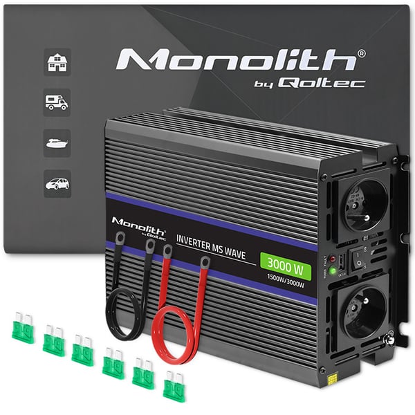 Qoltec Monolith 3000 MS Wave -jännitemuunnin | 12 V - 230 V | 1500/3000 W | USB