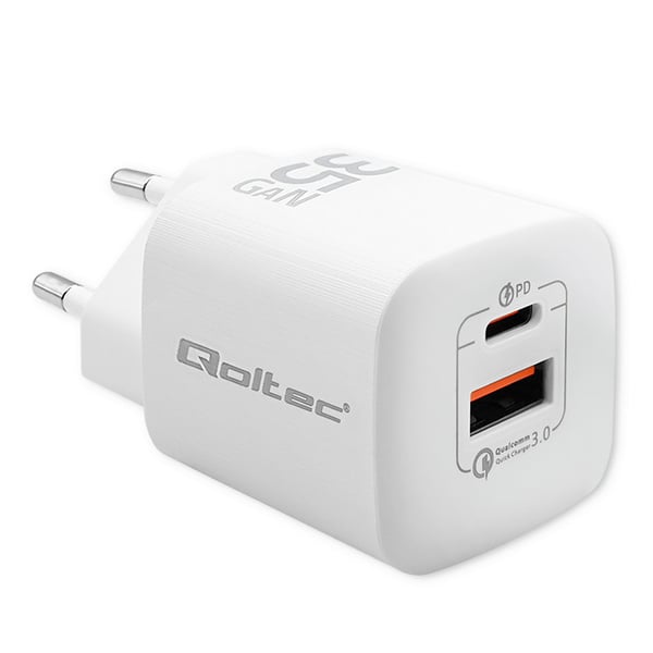 Qoltec 35 W GaN ultra -seinälaturi | 5–20 V | 2,25–3 A | 1 x USB-C-kaapeli | 1 x USB QC 3.0 | Valkoinen Qoltec 35 W GaN ultra -seinälaturi | 5–20 V | 2,25–3 A | 1 x USB-C-kaapeli | 1 x USB QC 3.0 | Valkoinen