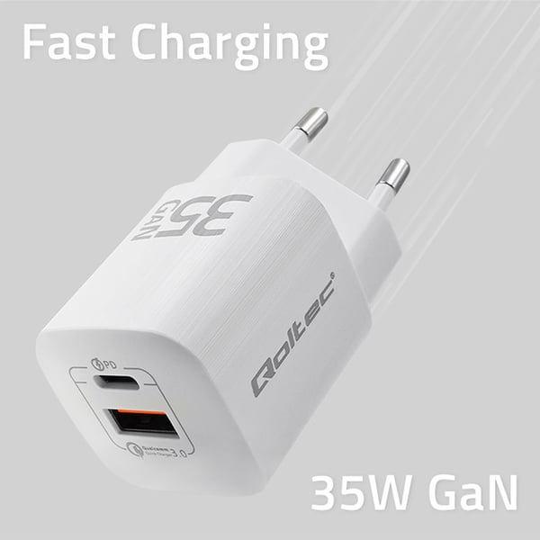 Qoltec 35 W GaN ultra -seinälaturi | 5–20 V | 2,25–3 A | 1 x USB-C-kaapeli | 1 x USB QC 3.0 | Valkoinen
