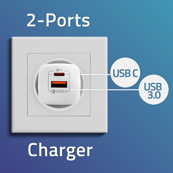 Qoltec 35 W GaN ultra -seinälaturi | 5–20 V | 2,25–3 A | 1 x USB-C-kaapeli | 1 x USB QC 3.0 | Valkoinen