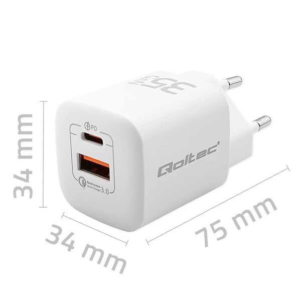 Qoltec 35 W GaN ultra -seinälaturi | 5–20 V | 2,25–3 A | 1 x USB-C-kaapeli | 1 x USB QC 3.0 | Valkoinen