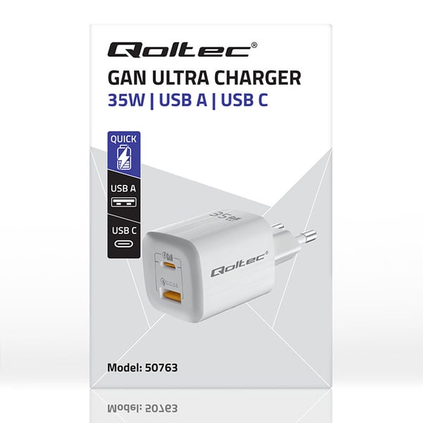 Qoltec 35 W GaN ultra -seinälaturi | 5–20 V | 2,25–3 A | 1 x USB-C-kaapeli | 1 x USB QC 3.0 | Valkoinen