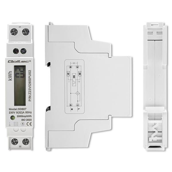 Qoltec Yksivaiheinen elektroninen mittari | DIN-kiskoon asennettava energiamittari | 230V | LCD | 1P | Ohut