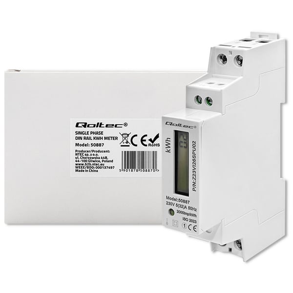 Qoltec Yksivaiheinen elektroninen mittari | DIN-kiskoon asennettava energiamittari | 230V | LCD | 1P | Ohut