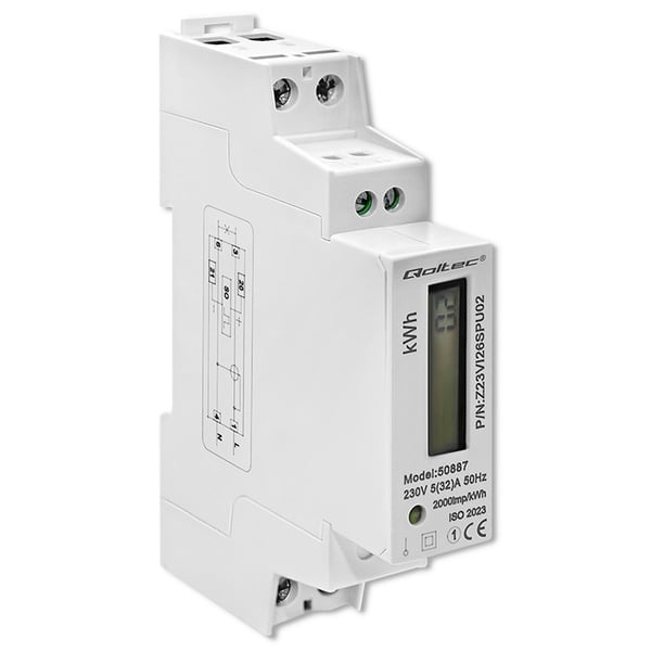 Qoltec Yksivaiheinen elektroninen mittari | DIN-kiskoon asennettava energiamittari | 230V | LCD | 1P | Ohut