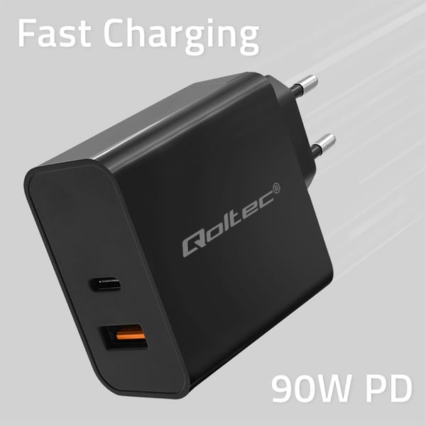 Qoltec Super Quick PD-oplader 90W med 1 USB-C og 1 USB sort
