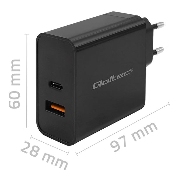 Qoltec Super Quick PD-oplader 90W med 1 USB-C og 1 USB sort