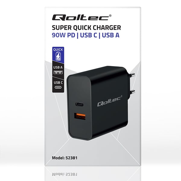 Qoltec Super Quick PD-oplader 90W med 1 USB-C og 1 USB sort