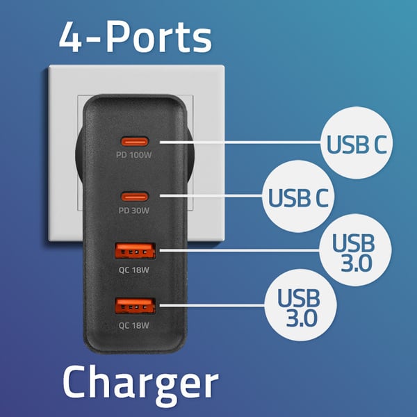 Qoltec GaN POWER PRO lader 130W med 2xUSB-C og 2xUSB sort