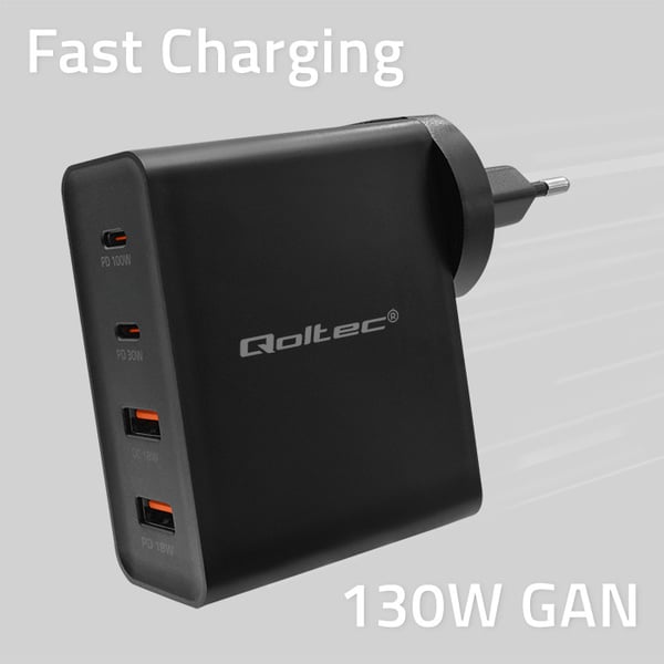 Qoltec GaN POWER PRO lader 130W med 2xUSB-C og 2xUSB sort