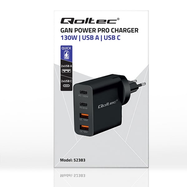 Qoltec GaN POWER PRO lader 130W med 2xUSB-C og 2xUSB sort