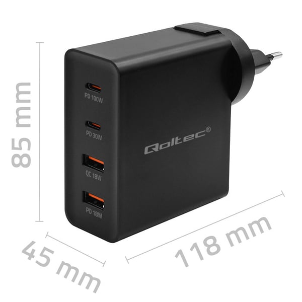 Qoltec GaN POWER PRO lader 130W med 2xUSB-C og 2xUSB sort