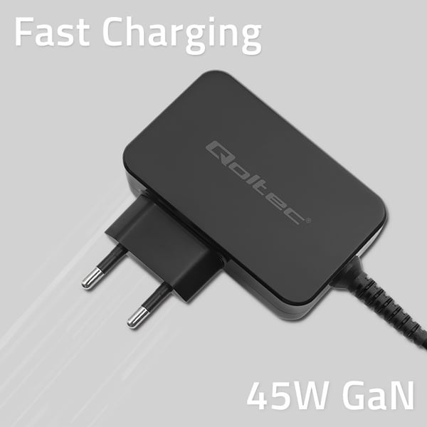 Qoltec GaN POWER PRO oplader 45W USB-C 5-20V sort