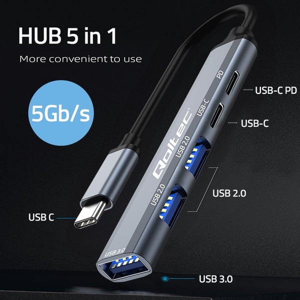 Qoltec USB-C 3.1 hubbadapter 5-i-1 med USB-C PD och USB 3.0