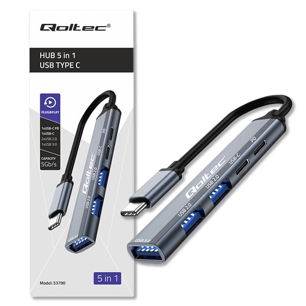 Qoltec USB-C 3.1 hubbadapter 5-i-1 med USB-C PD och USB 3.0