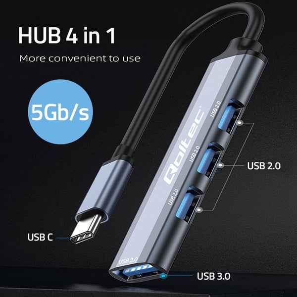 Qoltec USB-C 3.1 hubbadapter 4in1 med USB 3.0 och 3x USB 2.0