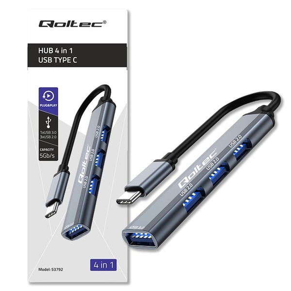Qoltec USB-C 3.1 hubbadapter 4in1 med USB 3.0 och 3x USB 2.0