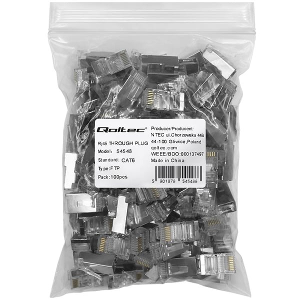 Qoltec RJ45-gennemgangskontakt CAT6 FTP forgyldt 100 stk