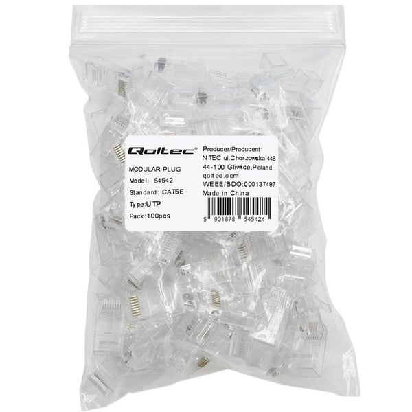 Qoltec Läpivienti RJ45-liitin | CAT5e | UTP | Läpivienti | Kullatut koskettimet | 100 kappaletta