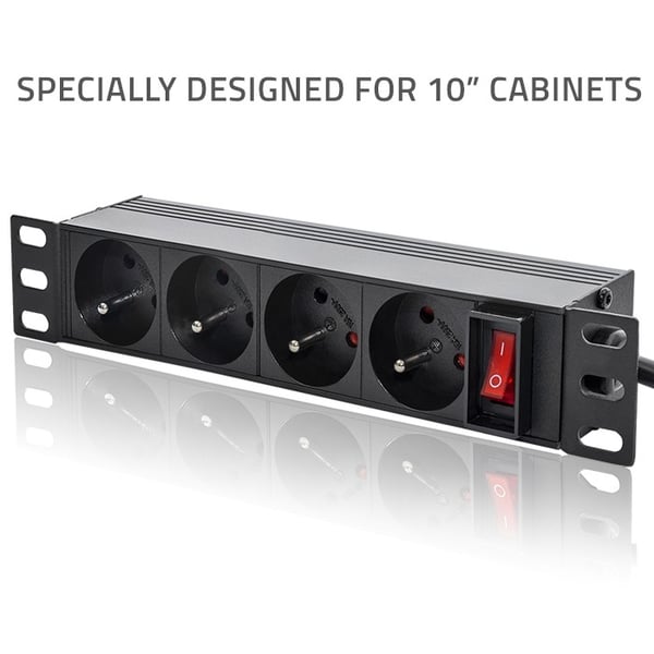 Qoltec Alumiininen PDU-jatkojohto 10" räkille | 1U | 16A | 4xFRENCH | 1.8m