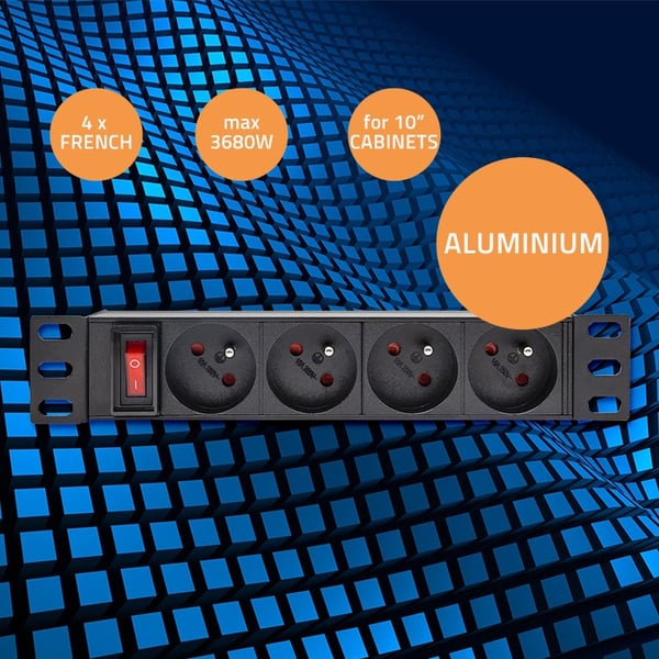 Qoltec Alumiininen PDU-jatkojohto 10" räkille | 1U | 16A | 4xFRENCH | 1.8m