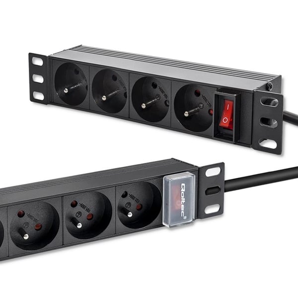 Qoltec Alumiininen PDU-jatkojohto 10" räkille | 1U | 16A | 4xFRENCH | 1.8m
