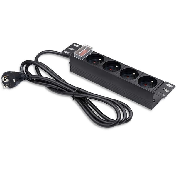 Qoltec Alumiininen PDU-jatkojohto 10" räkille | 1U | 16A | 4xFRENCH | 1.8m