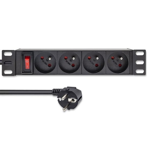 Qoltec Alumiininen PDU-jatkojohto 10" räkille | 1U | 16A | 4xFRENCH | 1.8m
