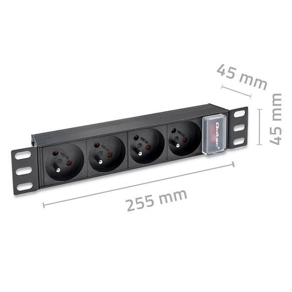 Qoltec Alumiininen PDU-jatkojohto 10" räkille | 1U | 16A | 4xFRENCH | 1.8m
