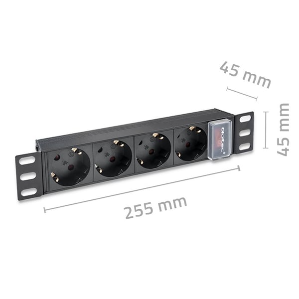 Qoltec aluminium PDU strømfordeler til 10'' rack 1U 16A 4 SCHUKO stik 1,8m