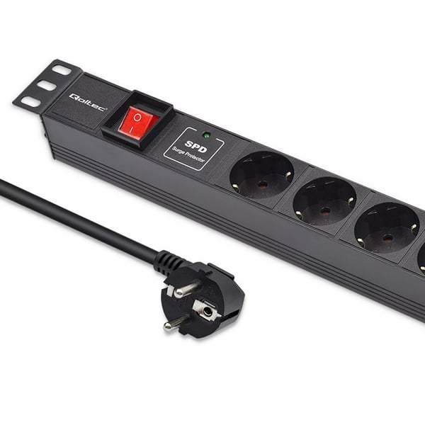 Qoltec aluminium strømfordelingsudtag til 19'' rack, 1U, 16A, 6 Schuko, 1,8m