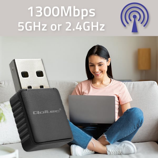 Qoltec trådlös ultrasnabb dual mini WiFi-adapter 2 x 2dBi AC USB 3.0 1300 Mbps
