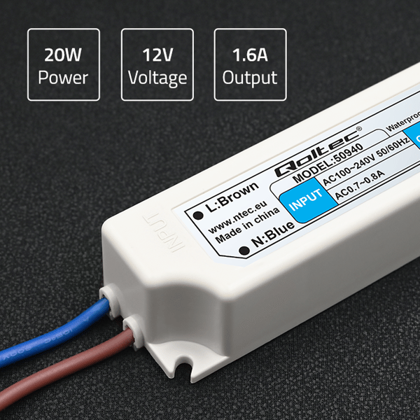 Qoltec LED-strømforsyning IP67 20W 12V 1,6A vandtæt hvid