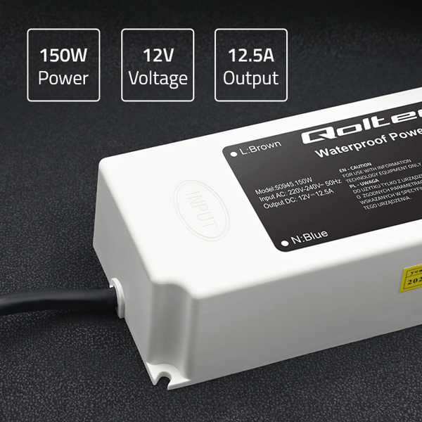 Qoltec LED-strömförsörjning IP67 150W 12V 12,5A vattentät vit