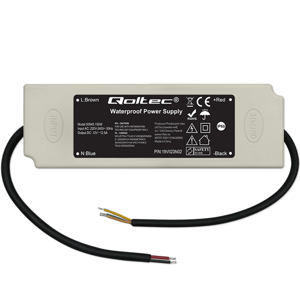 Qoltec LED-strömförsörjning IP67 150W 12V 12,5A vattentät vit