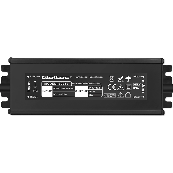 Qoltec LED-strømforsyning IP67 60W 12V 5A vandtæt sort