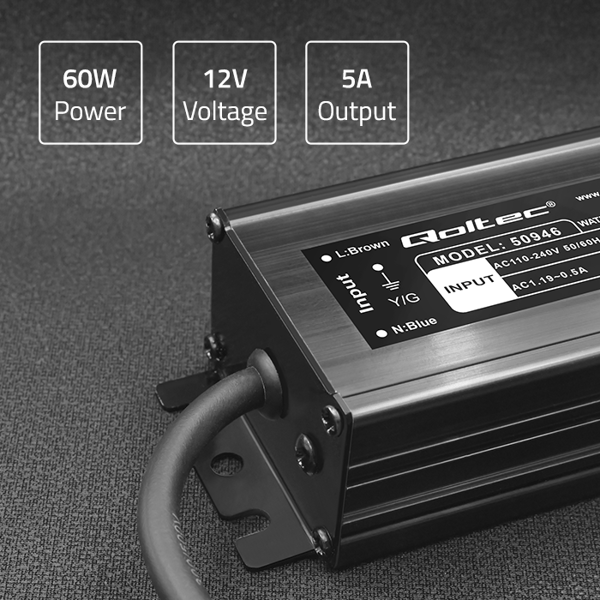 Qoltec LED-strømforsyning IP67 60W 12V 5A vandtæt sort