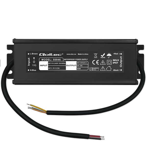 Qoltec LED-strømforsyning IP67 60W 12V 5A vandtæt sort