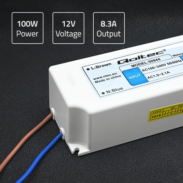 Qoltec LED-strømforsyning IP67 100W 12V 8,3A vandtæt hvid