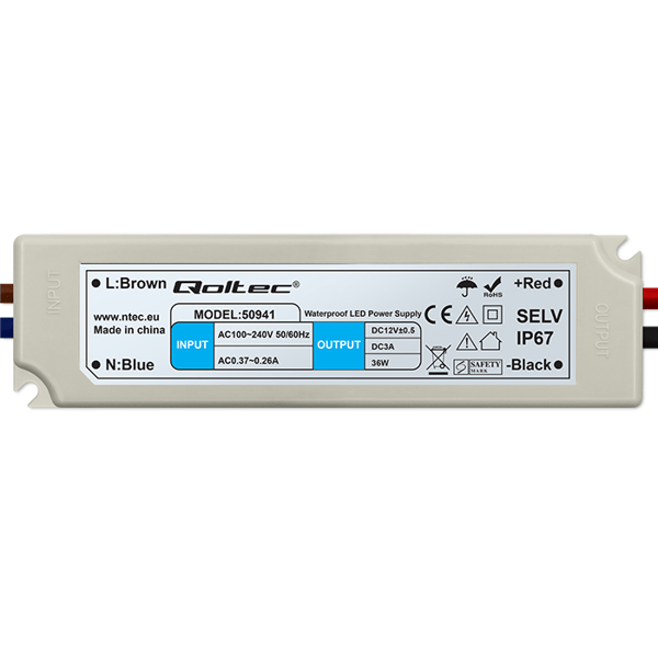 Qoltec LED-strømforsyning IP67 36W 12V 3A vandtæt hvid