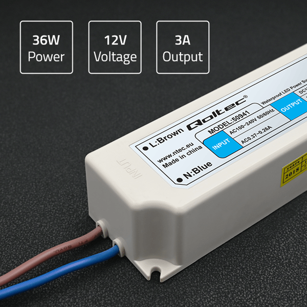 Qoltec LED-strømforsyning IP67 36W 12V 3A vandtæt hvid