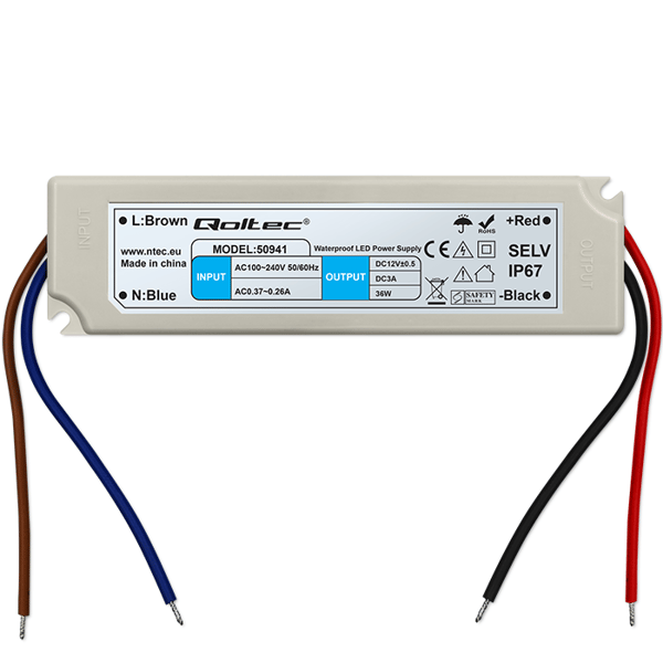 Qoltec LED-strømforsyning IP67 36W 12V 3A vandtæt hvid